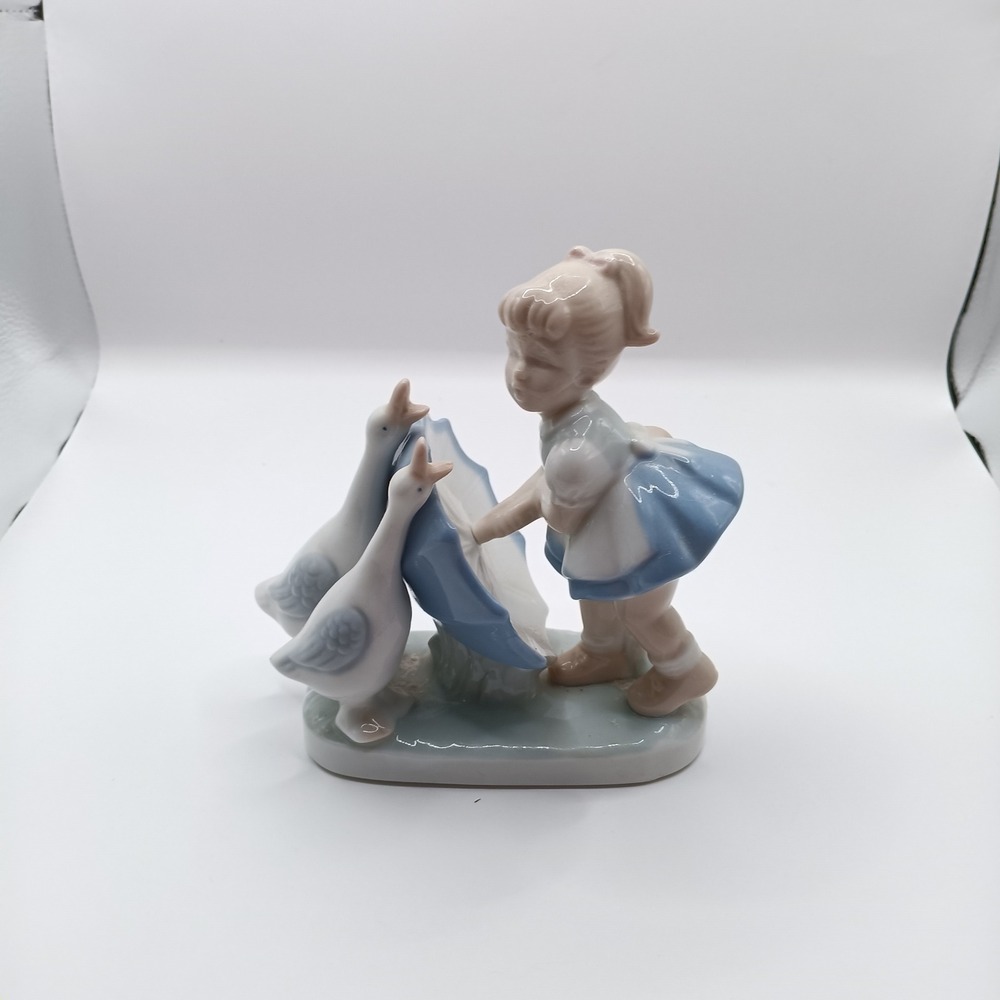 Vintage Style Porcelain Figurine Girl with Geese and Umbrella Blue White Glossy